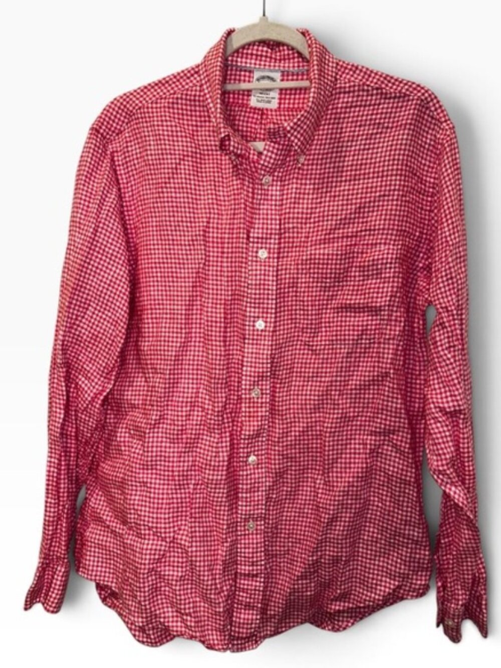 Brooks Brothers 100% Irish Linen pink gingham check plaid button down shirt L